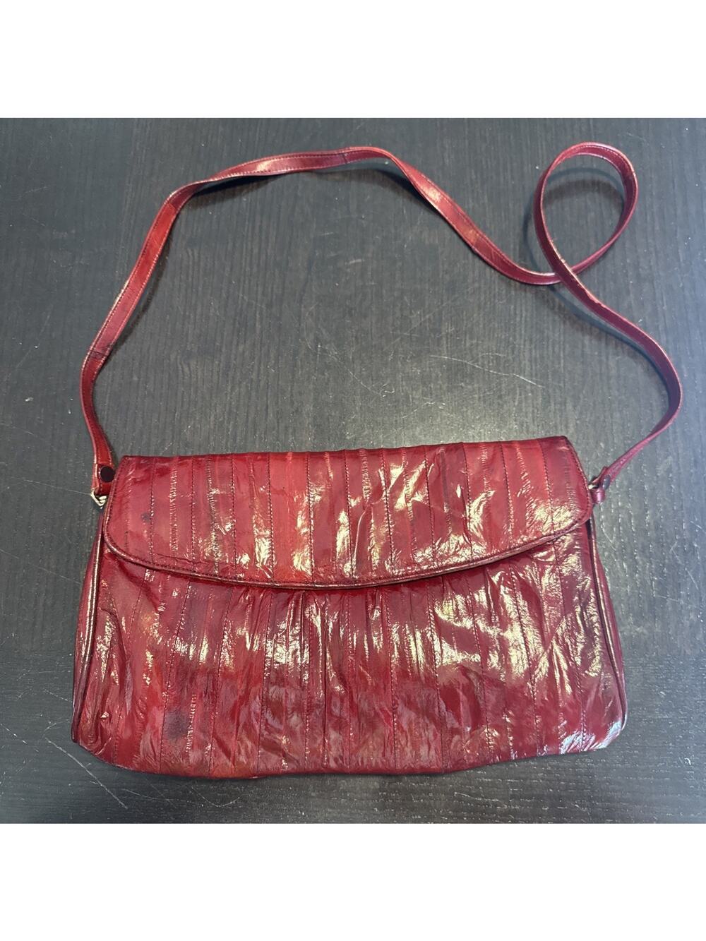 Vintage Burgundy Genuine Eel Skin Purse- Made In Korea- Shoulder/Crossbody 11x7